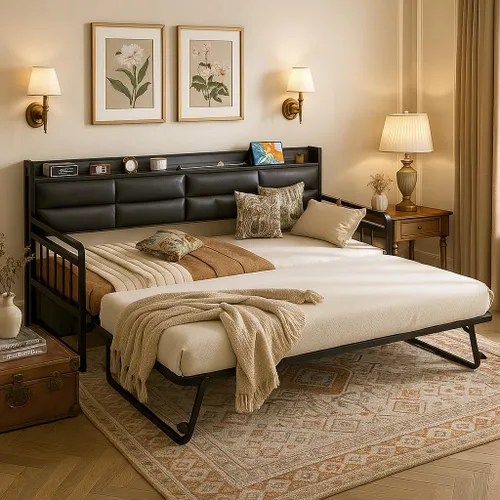 Homieasy Sofá cama con nido, cama individual con cabecera tapizada y estación de carga, marco de sofá cama individual de metal, cama nido Negro