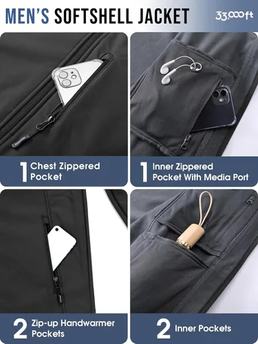 Miniatura 4 de 33,000ft Chaqueta Softshell para hombre con capucha, forro polar, ligera, impermeable, para senderismo