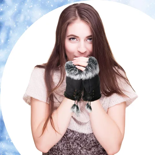 Miniatura 5 de 2 Pairs Women Fur Fingerless Gloves Winter Rabbit Fur Half finger Mittens for Women Girls Teen Working Writing
