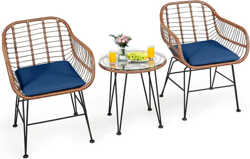 Tangkula - Juego de 3 piezas para conversación en el patio, juego de muebles de mimbre al aire libre con mesa redonda de vidrio templado y 2