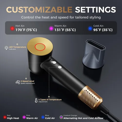 Miniatura 4 de Secador de pelo infrarrojo, 160000 RPM de bajo ruido para mujeres y hombres, control profesional de encrespamiento de iones negativos y sin daños