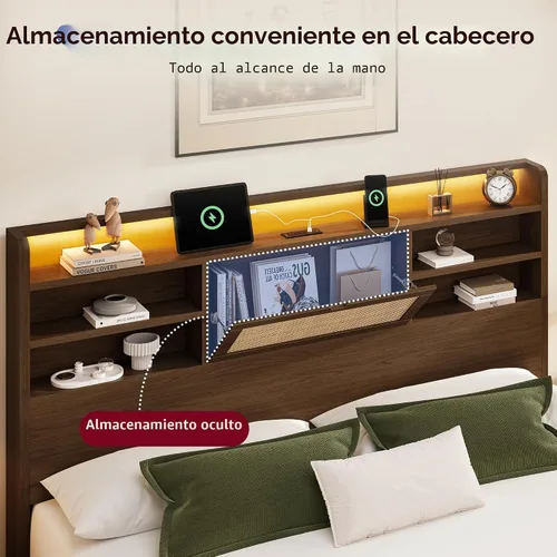 Miniatura 3 de BRELTAM Marco de cama de ratán tamaño Queen con 4 cajones de almacenamiento y cabecera de almacenamiento oculto, marco de cama de plataforma
