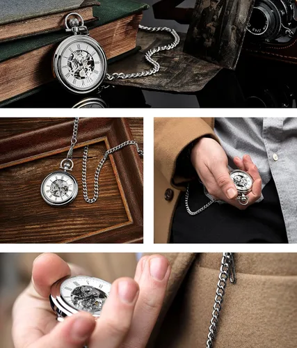 Miniatura 7 de Stuhrling Original Reloj de bolsillo para hombre de acero inoxidable analógico esqueleto reloj mano viento mecánico movimiento mecánico cadena