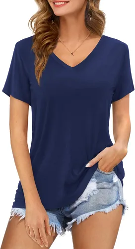 Amoretu - Camiseta de cuello en V y manga corta o larga para mujer, blusa unicolor