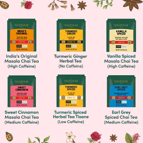 Miniatura 2 de VAHDAM, Paquete surtido de té Chai (6 deliciosos sabores, 36 bolsas de té piramidales ecológicas) con cafeína, sin gluten, sin OMG, mezclas de té