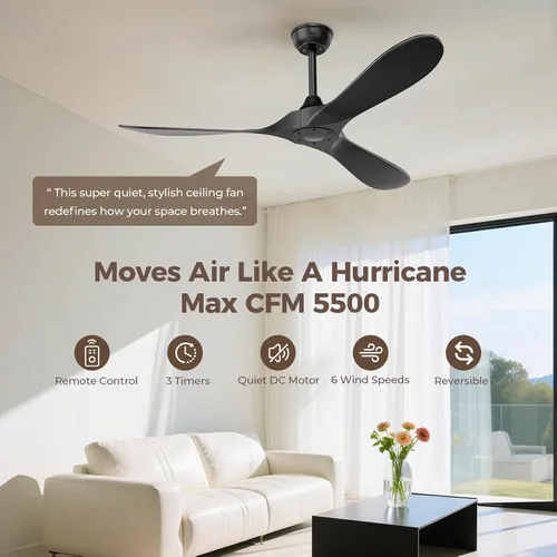 Miniatura 5 de Obabala Ventilador de techo negro para exteriores, ventiladores de techo de 52 pulgadas, sin luz con control remoto, 3 cuchillas, motor CC