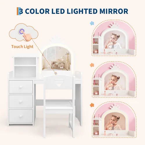 Miniatura 2 de GarveeHome Escritorio de tocador para niños con espejo y luces, tocador de madera de princesa blanca con silla, estantes de almacenamiento y White1