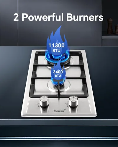 Miniatura 3 de Ranein Cocina de gas de 12 pulgadas y 2 quemadores, estufa de gas convertible de G/LPG, acero inoxidable 304 con protección contra incendios por