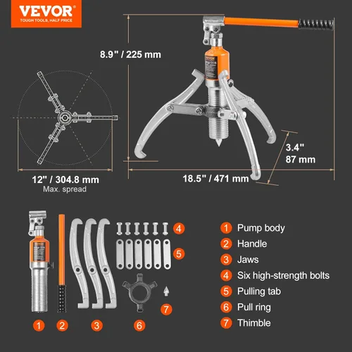 Miniatura 7 de VEVOR Extractor hidráulico de engranajes, capacidad máxima de 15 toneladas, separador de extracción de rodamientos de rueda, extractor de 2 o 3