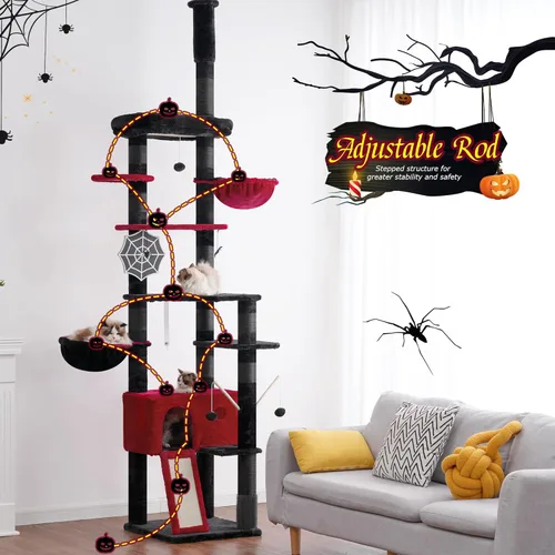 Miniatura 2 de Hey-brother Árbol gótico para gatos, de 98.4 a 110.2 pulgadas, de piso a techo, altura ajustable, torre de escalada alta para gatos grandes