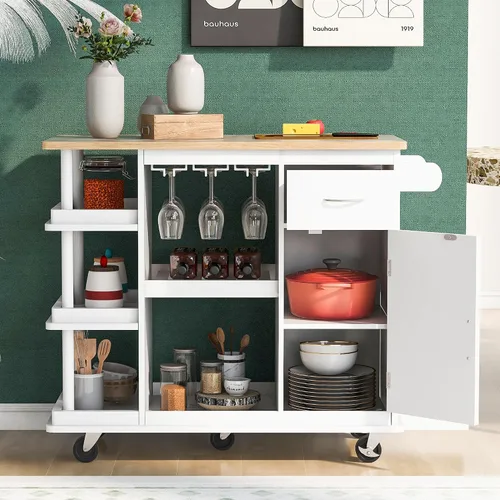 Miniatura 2 de Livavege Carrito de cocina multiusos con gabinete de almacenamiento, cajón, estante ajustable y gancho lateral, isla de cocina rodante sobre 5