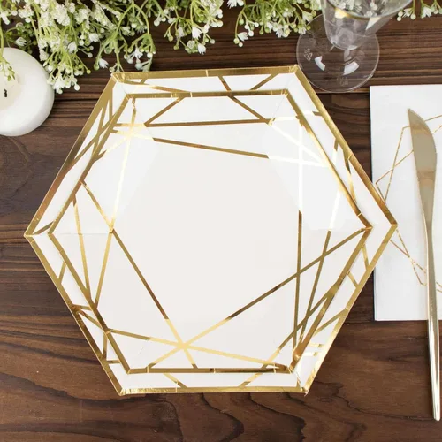 Miniatura 8 de Efavormart - Paquete de 25 platos hexagonales de papel blanco y dorado de 7 pulgadas, platos geométricos rígidos para postres y aperitivos