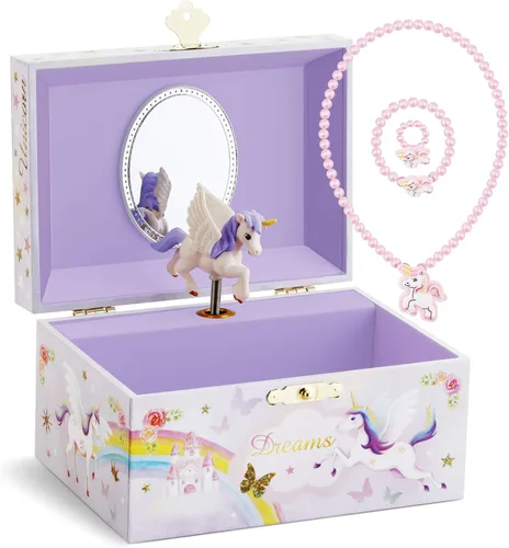 RR ROUND RICH DESIGN Caja de almacenamiento de joyas musicales con purpurina y juego de joyas para niñas pequeñas con unicornio giratorio y arco