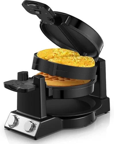 FOHERE Máquina de tortilla y wafflera 2 en 1, máquina para hacer gofres de tortilla de 1400 W, giro de 180°, control de tostado ajustable, sartenes
