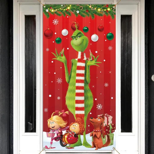 Sunwer Letrero de Puerta de Navidad Verde Feliz Cubierta de Puerta Whoville Decoración de Fiesta de Invierno de Navidad Cartel de Porche Delantero