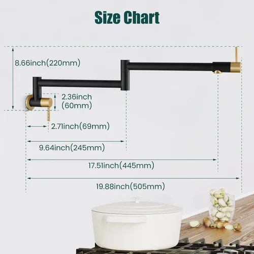 Miniatura 4 de Heyalan Pot Filler - Llenador de ollas de 19 pulgadas para montaje en pared, plegable, extensible, grifo de cocina/restaurante de acero inoxidable
