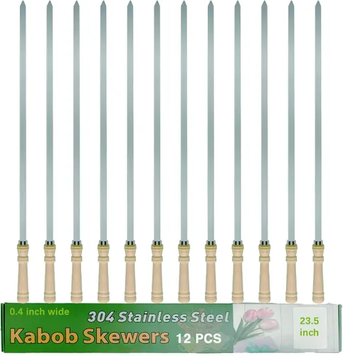 Miniatura 10 de Brochetas planas de 21.5 pulgadas de largo para brochetas (12 unidades), brochetas de acero inoxidable 304 de 0.4 pulgadas de ancho para asar a