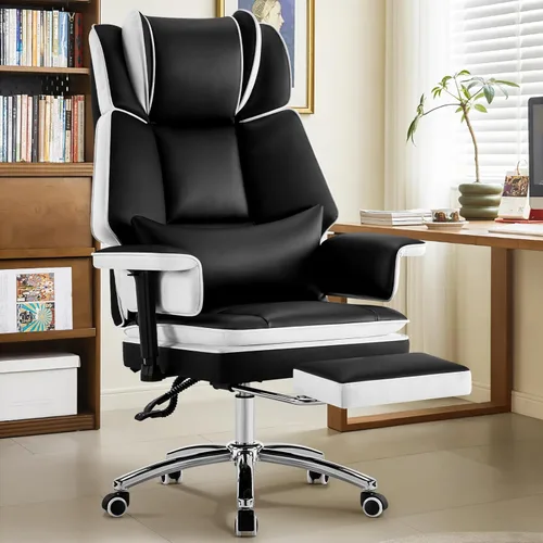 Miniatura 9 de Silla de oficina resistente con reposapiés de respaldo alto, silla de oficina de piel sintética con soporte lumbar ajustable, silla de escritorio