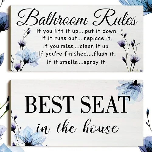 Miniatura 9 de Jetec 2 Piezas Decoración de Pared de Baño, Reglas del Baño, Arte de Pared con Flores, Letreros de Baño Divertidos, Decoración Rústica de Baño