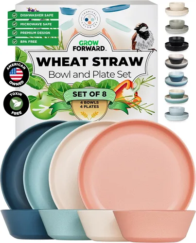 Miniatura 11 de Grow Forward Juego de platos y cuencos de paja de trigo de alta calidad, 8 piezas, platos de paja de trigo irrompibles y reutilizables, aptos