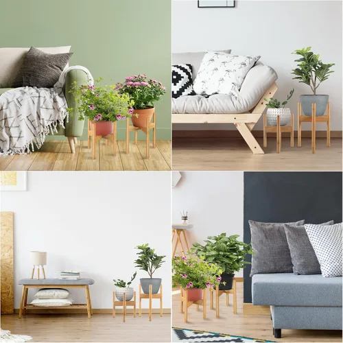 Miniatura 5 de Paquete de 2 soportes de bambú para plantas, soporte ajustable para plantas de interior, soporte moderno de mediados de siglo, soporte para plantas