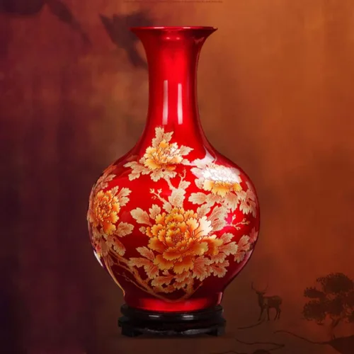 Miniatura 3 de ZHOUXIAO Florero de cerámica roja con patrón de peonía para decoración del hogar, florero alto de flores secas para sala de estar, oficina, mueble