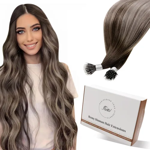 Miniatura 21 de Hetto Extensiones de cabello humano con nano cuentas, balayage, extensiones de cabello humano, color negro degradado a plateado, extensiones