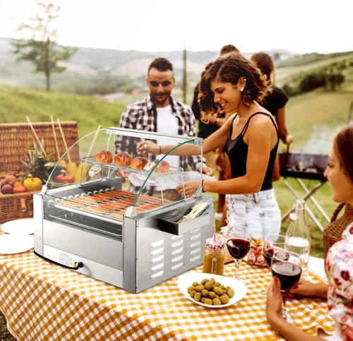 Miniatura 8 de ROVSUN 30 Hot Dog 11 rodillos, calentador de rodillos para perros calientes con calentador de bollos, cubierta, control de temperatura doble, luz