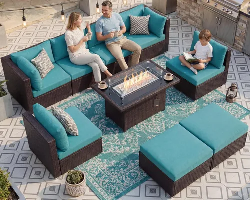 Miniatura 48 de NICESOUL Juego de muebles de patio para exteriores de 7 piezas con mesa para hoguera, gas natural y propano convertible, respaldo alto de 29.3