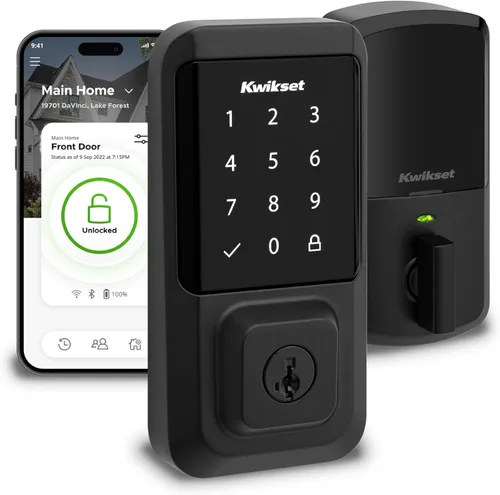 Kwikset Halo Bloqueo inteligente Wi-Fi, cerradura de puerta delantera de entrada sin llave con pantalla táctil, acabado en negro mate, certificado