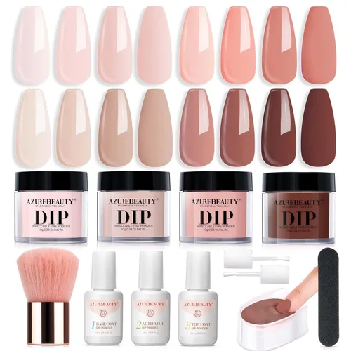 AZUREBEAUTY Kit de iniciación de uñas en polvo de inmersión, tono de piel para todas las estaciones, marrón nude, 4 colores, polvo de inmersión