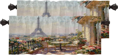 Miniatura 134 de Cortinas opacas de cocina con pintura al óleo de Europa rosa y negra para ventanas, cenefas opacas modernas de torre Eiffel de poliéster multicapa