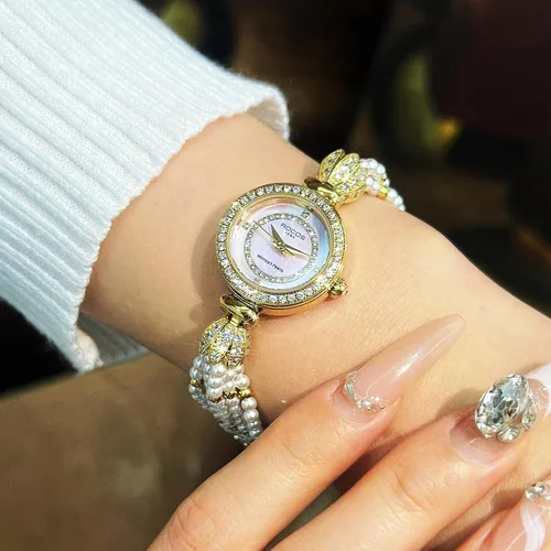 Miniatura 5 de Reloj de pulsera de oro para mujer, correa de cadena de perlas giratoria, esfera deslumbrante, impermeable, regalo para mujer R0262JF