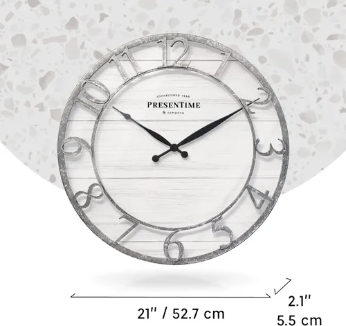 Miniatura 7 de Presentime & Co - Reloj de pared de la serie Farmhouse de 21 pulgadas, estilo Shiplap, número arábigo 3D elevado, acabado galvanizado. Decoración