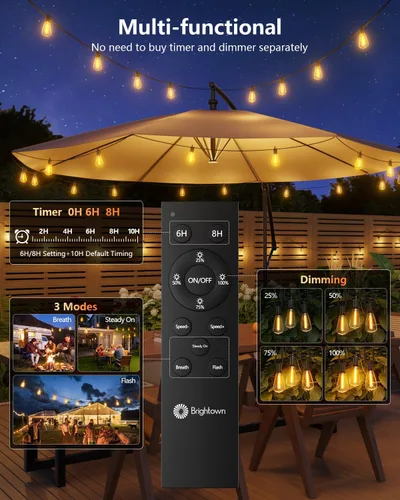 Miniatura 5 de Brightown Guirnalda de luces solares de 37 pies para exteriores, impermeable, con control remoto, 10+1 bombillas LED inastillables, regulables