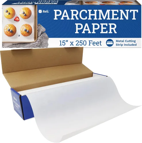 Reli. Rollo de papel pergamino (15 pulgadas x 250 pies) con caja dispensadora, color blanco, papel pergamino para hornear y freidora de aire, forros