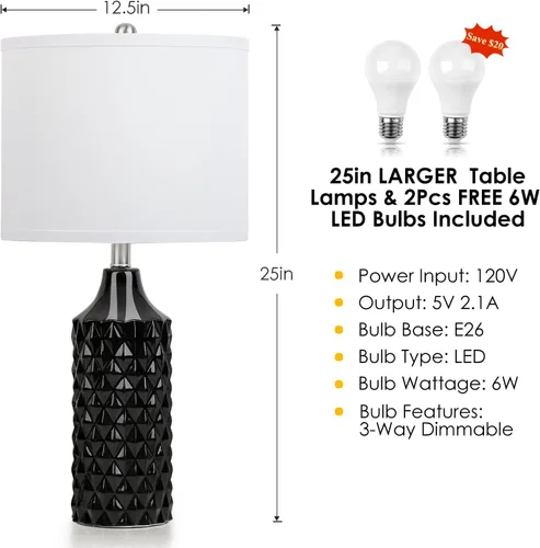 Miniatura 4 de Juego de 2 lámparas de mesa de cerámica, lámpara de mesita de noche moderna de 25", lámpara de mesita de noche regulable de 3 vías para dormitorio