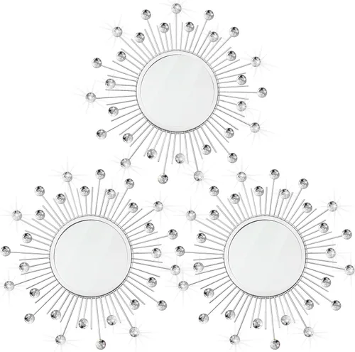 Miniatura 25 de Paquete de 3 espejos metálicos para pared, con diseño de rayos de sol, para decoración del hogar, arte decorativo para colgar en la pared para sala
