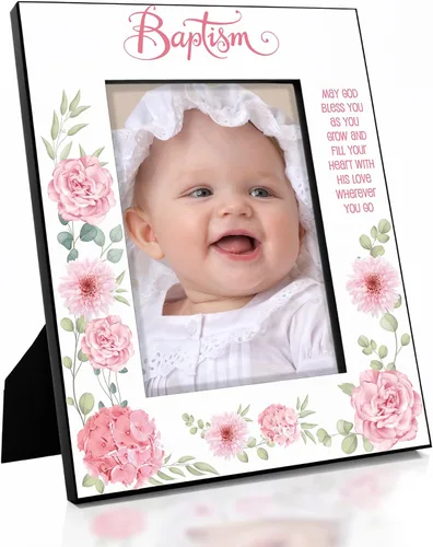 Miniatura 9 de KATE POSH Marco de fotos de bautismo para niña, decoración de flores rosas, bautizo, regalo religisoso, de padrinos, bebé nuevo (4 x 6 horizontal)