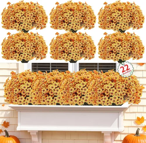 Miniatura 20 de Paquete de 22 flores artificiales para exteriores, flores sintéticas resistentes a los rayos UV con plantas de plástico, flores de seda sintética