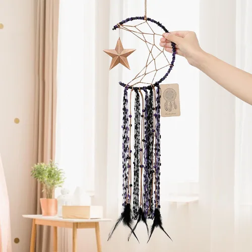 Miniatura 4 de Dremisland Atrapasueños de luna hecho a mano, medio círculo, diseño de luna atrapasueños, plumas, colgando con estrella, decoración del hogar, Morado