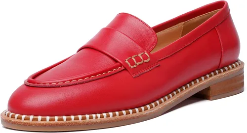 Miniatura 20 de FOGEENA Mocasines de cuero mate para mujer, estilo casual, sin cordones, punta redonda, tacón bajo grueso, zapatos de vestir de 1 pulgada