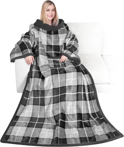 Miniatura 46 de PAVILIA Manta de forro polar con mangas para mujeres y hombres adultos, manta portátil cálida y suave, acogedora con bolsillo para abrazarse, manta