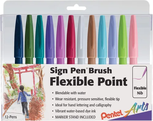 Pentel Arts Sign Pen - Rotulador con punta de pincel, colores surtidos, caja de 12 unidades (SES15C2PC12)