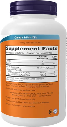 Miniatura 2 de NOW Foods Suplementos, Omega-3 180 EPA / 120 DHA, destilado molecularmente, apoyo cardiovascular*, 200 cápsulas blandas