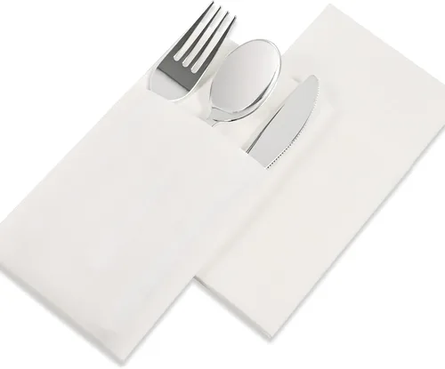 Miniatura 6 de Servilletas desechables de color blanco, paquete de 100 servilletas de papel de tacto de lino con bolsillo integrado para cubiertos, tela preplegada