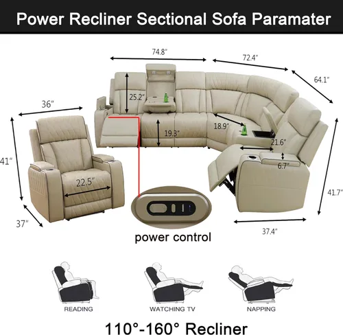 Miniatura 2 de Juego de sofá modular reclinable eléctrico con LED, juegos de muebles de sala de estar, sofá reclinable de cuero para sala de estar/cine en casa