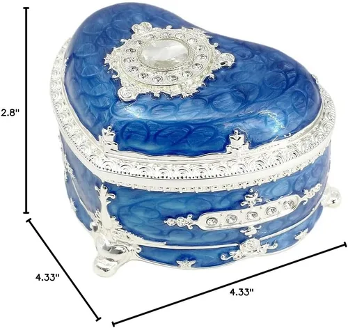 Miniatura 7 de ROSIKING Caja de música de aleación de metal en relieve en forma de corazón azul, caja musical antigua para joyería con cuerda, regalos