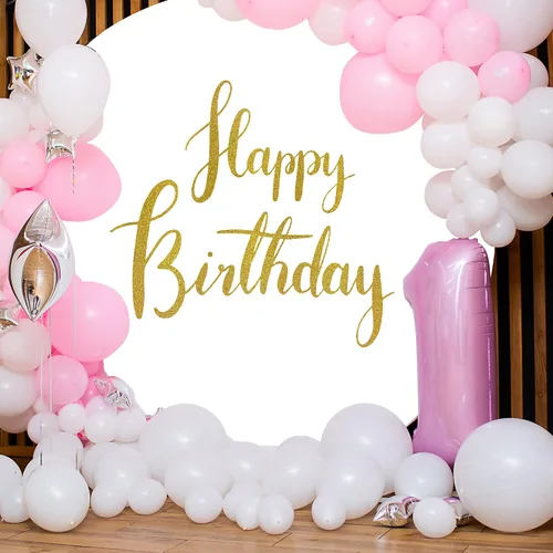 Miniatura 3 de Cartel de feliz cumpleaños dorado de 6.5 pies, cubierta de fondo circular blanco con 4 clips, telón de fondo redondo para fotografía, cartel dorado