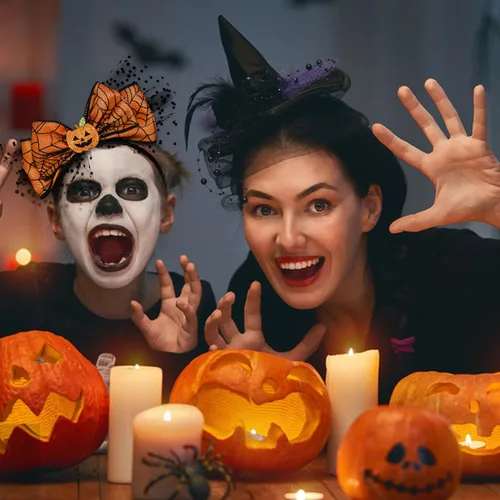 Miniatura 4 de Diadema de lazo de Halloween con diseño de calabaza con diseño de malla Headands Ornage para Acción de Gracias, fiesta de Halloween, accesorios